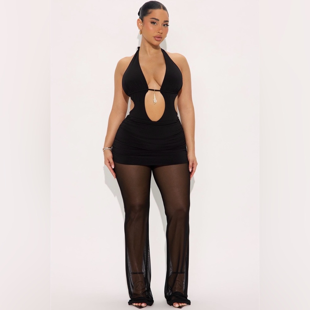 Elegant Black Cutout Dress with Sheer Overlay